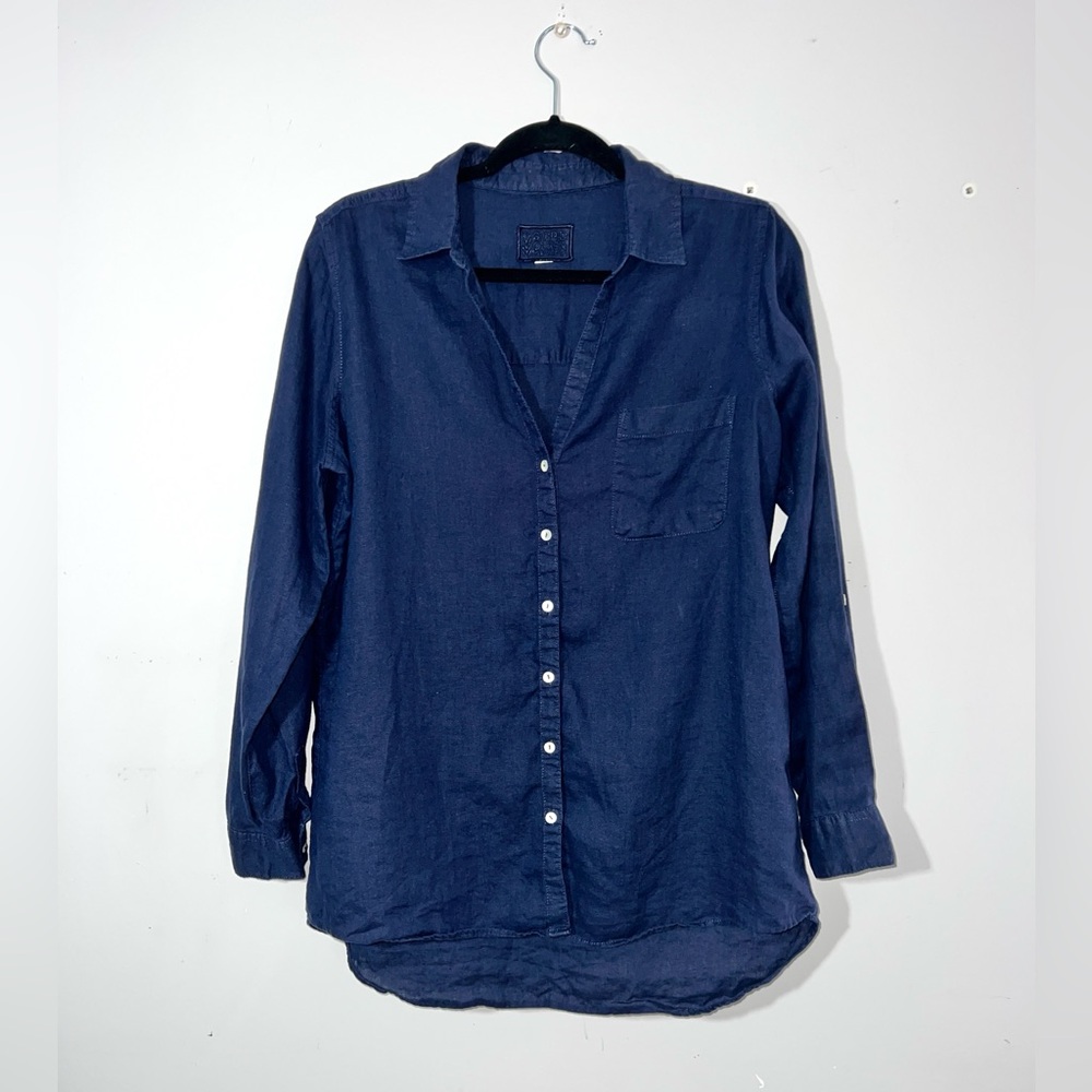 Sigrid Olsen Womens Navy Roll‎ Tab Sleeves Button Up Linen Shirt